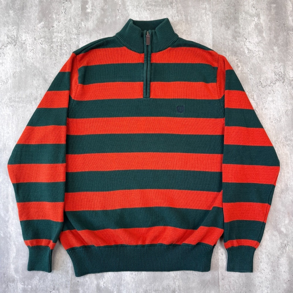 Chaps Ralph Lauren Sweater Mens Large Green Orange Striped 1/4 Zip Pullover